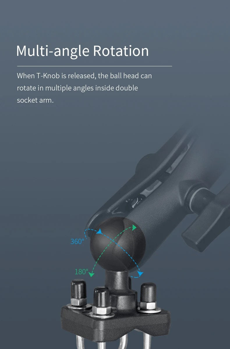 Multi-angle rotation diagram showing 360 degree horizontal swivel and 180 degree tilt range when paired with a C-size double socket arm