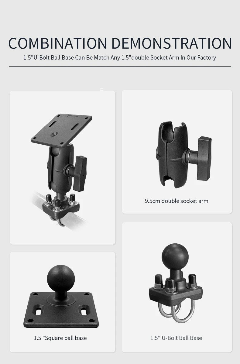 Combination demonstration showing the U-bolt base paired with double socket arm, AMPS plate and other 1.5 inch ball bases in the modular mount system