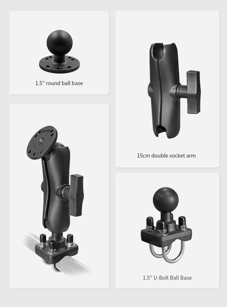 Fully assembled mount rig: U-bolt base on bar with double socket arm and round AMPS ball plate, plus 15cm double socket arm option